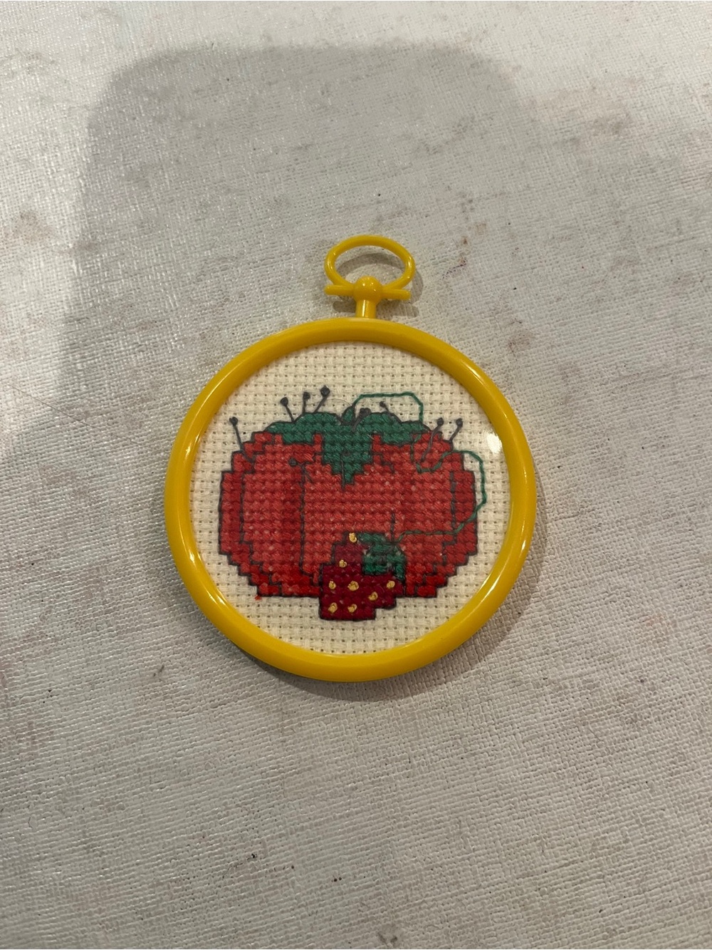 Vintage Handmade Cross Stitch seeing Tomato & Strawberry pincushion.